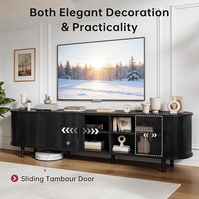 70 Mid Century Modern TV Stand Wood TV Consoles with Sliding Doors and Power Outlet Fluted Entertainment Center with Adjustable Shelves Media Console for Living Room Black