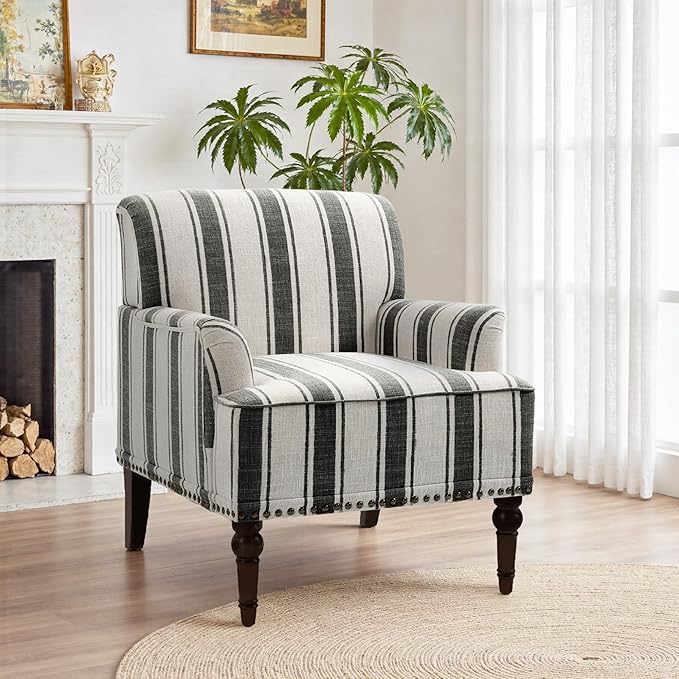Pia Ricco Stripe Accent Chairs 2 Pack - Modern Nailhead Trim Armchairs with Wood Legs Comfy Living Room Bedroom Home Office Seating-Black