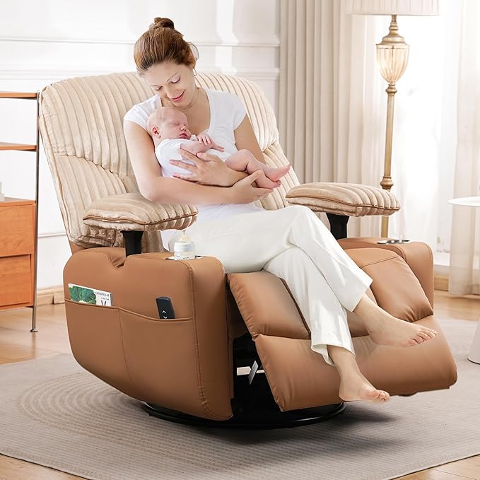 GRAINELL Rocking Chair Nursery Electric Swivel Recliner Glider with Adjustable Armrests Nursing Chair with USB Charger Cup &amp Blanket Holders Brown Corduroy &amp PU Leather