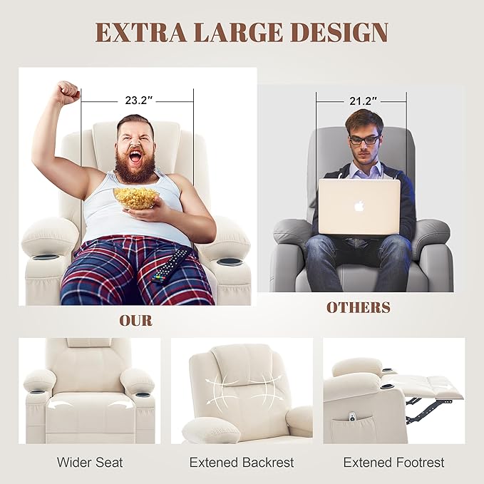 Oversized Swivel Rocker Recliner Chair with Heat and Massage 360 Degree Swivel Rocking Single Sofa with USB Port and Cup Holders Big Recliner Chair for Living Room (Fabric Light Beige)