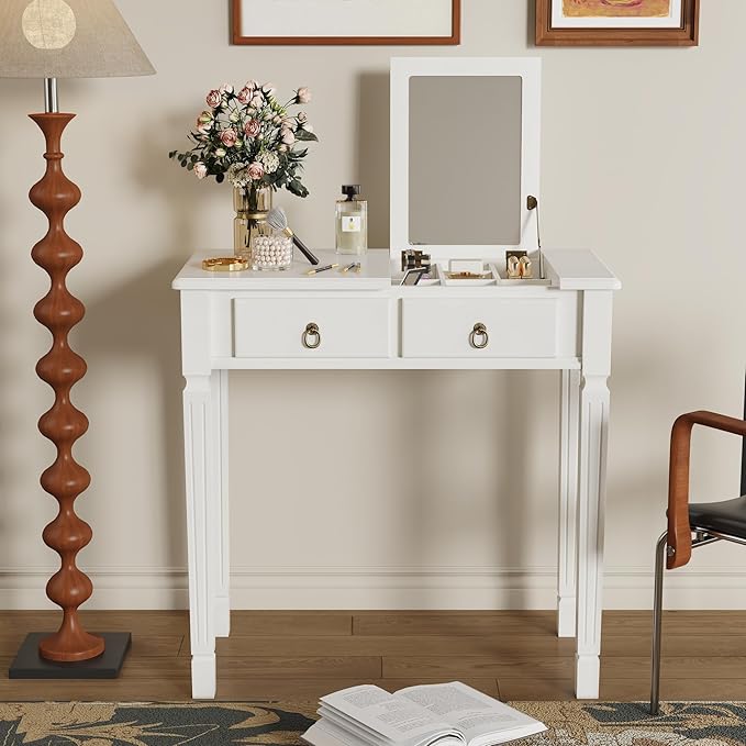 LEEMTORIG 31.5 Solid Wood Small Vanity Desk with Flip-top Mirror Compact Wooden Writing Desk with Drawers 3 in 1 Secretary Desk/Dressing Table/Nightstand for Small Space White SZT-D0036-WT