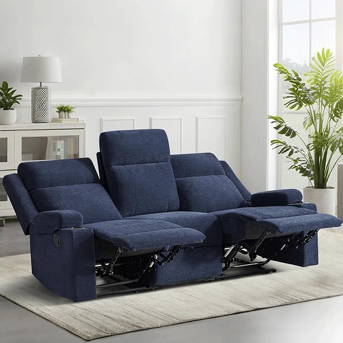 Large Manual Reclining Sofa 3-Seater Chenille Recliner Couch with Cup Holders Wide Seat Easy Assembly &amp Spill-Resistant Fabric Cozy Reclining Sofa for Living Room Apartment RV Blue