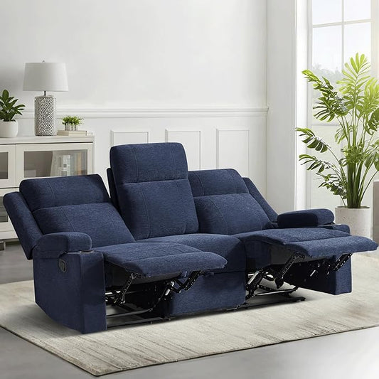 Large Manual Reclining Sofa 3-Seater Chenille Recliner Couch with Cup Holders Wide Seat Easy Assembly &amp Spill-Resistant Fabric Cozy Reclining Sofa for Living Room Apartment RV Blue