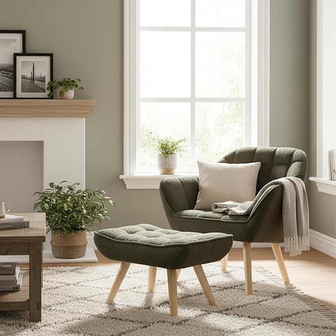 Small Accent Chair with Ottoman Sherpa Upholstered Lounge Chair with Footrest Comfy Reading Armchair with Wood Legs for Living Room Bedroom Green