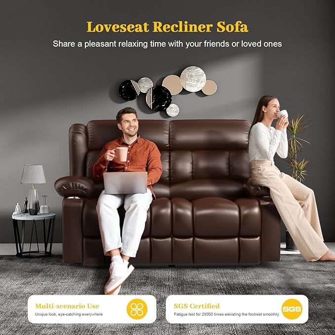 Loveseat Recliner Sofa PU Leather Reclining Loveseat with USB Charge Ports Cup Holders 2 Seater Manual Pull Tab Recliner Loveseat Couches for Living Room Brown
