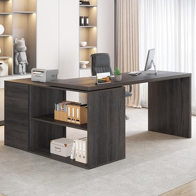 HSH L Shaped Desk with Drawers Shape Computer Storage Cabinet Shelves Reversible Modern Industrial Home Office Corner Desk Rustic Wood Executive Writing Gaming Study Table Gray 55 Inch