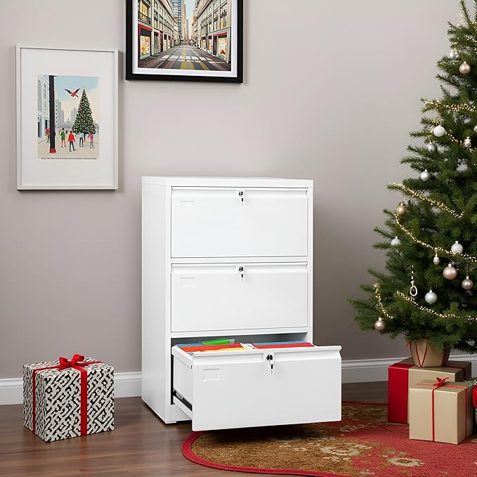 SUXXAN 3 Drawer File Cabinet Lateral Filing Cabinet with 3 Locks for Home Office Black File Cabinets with Business Card Holder for Letter/Legal/F4/A4 Hanging Files