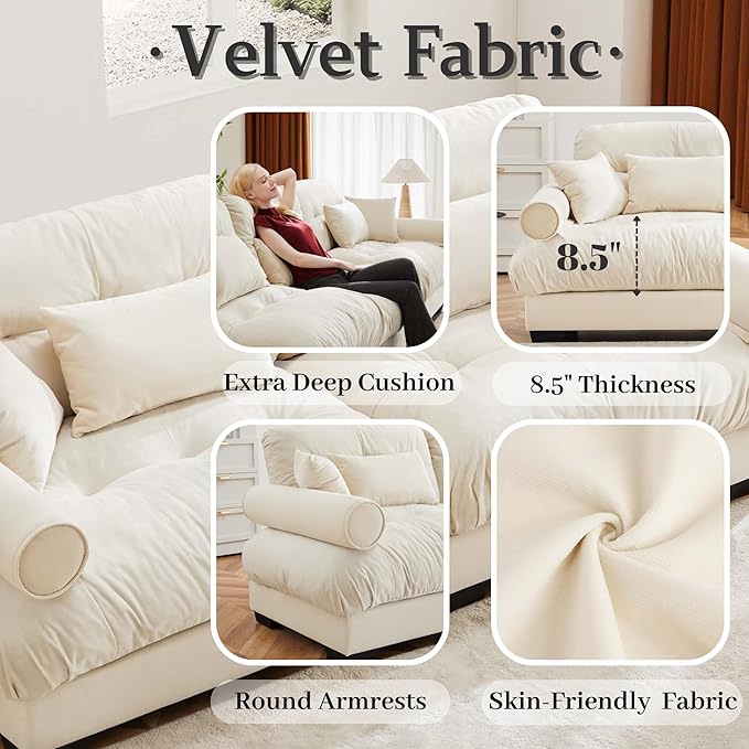 94 Modular Sectional SofaVelvet Upholstered Couches for Living Room3 Seater Beige Sofa Couch with Movable OttomanBig Comfy Loveseat Sofa with Deep Seats for Living RoomApartmentBedroom