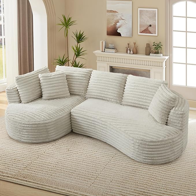 120W Oversized Modern Curved Cloud CouchCorduroy Modular Sectional Sofa with Chaise L Shaped Boneless Couch Compression Foam Sofa for Living Room Bedroom No Assembly Required(Left Facing Cream)