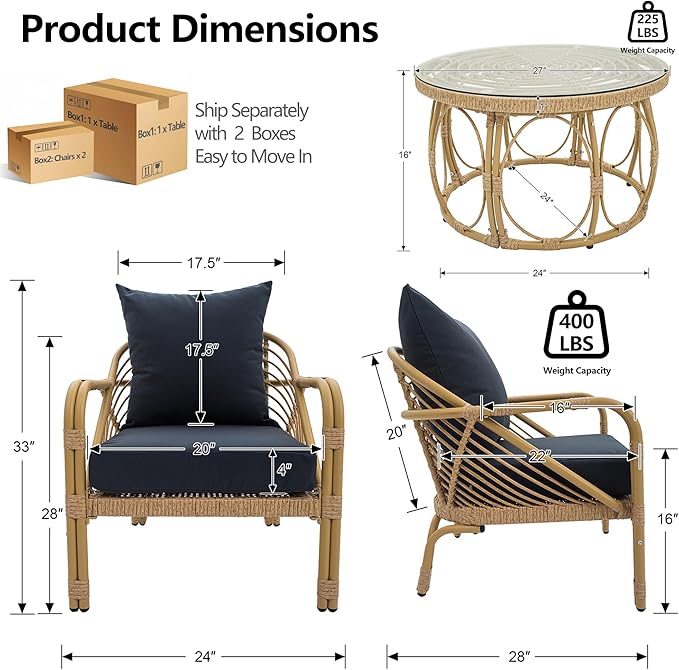 Living Room Chairs Accent Chairs Set of 2 with Coffee Table Comfy Arm Chair with Cushions Rattan Reading Accent Chair for Bedroom Mid Century Modern Couch for Sunroom/Deck/Lounging Gray