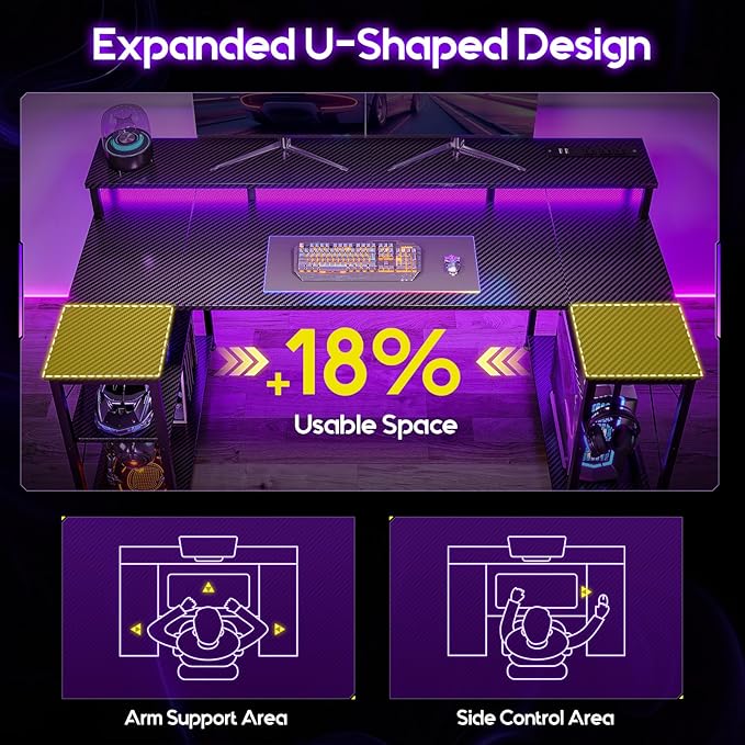 ODK 55 Inch Gaming Desk with LED Lights and Power Outlet U-Shaped Computer Desk with Monitor Stand and Storage Shelves PC Gamer Table for Home Office Carbon Fiber Black