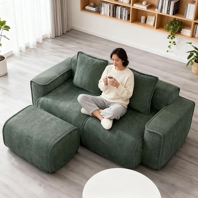 Casaphoria Green Velvet Modular Sofa L-Shaped 2 Seater Sectional with Ottoman &amp 2 Removable Pillows No Assembly Required 78.74 Inch Sofa for Small Apartments &amp Living Rooms