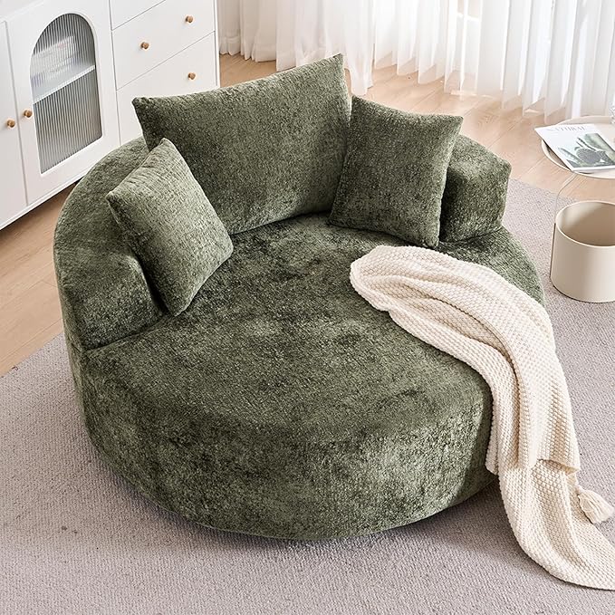 54.5 Green Oversized Swivel Barrel Chair - Chenille Comfy Modern Sofa Chair Fluffy Upholstered Round Accent Chair Cloud Lounge Armchair with 3 Pillows for Living Room Apartment