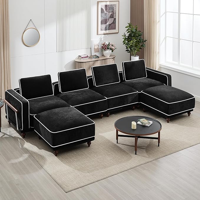 146 Modular Sectional U Shaped Couch with 2 Movable Ottoman Oversized 4-Seater Cloud Sofa for Living Room Comfy Deep Seat Couches with Thicked Cushion and Metal Armrests Chenille Black