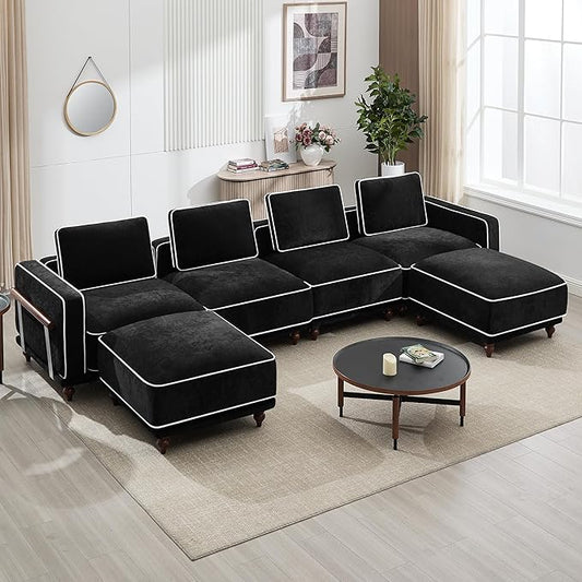 146 Modular Sectional U Shaped Couch with 2 Movable Ottoman Oversized 4-Seater Cloud Sofa for Living Room Comfy Deep Seat Couches with Thicked Cushion and Metal Armrests Chenille Black