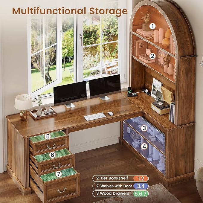 SEDETA 67 L Shaped Desk with Tall Arched Bookshelf Mid-Century Office Computer Desk with 3 Drawers and Storage Shelves Corner Executive Desk with Sliding Barn Door for Home Office Brown