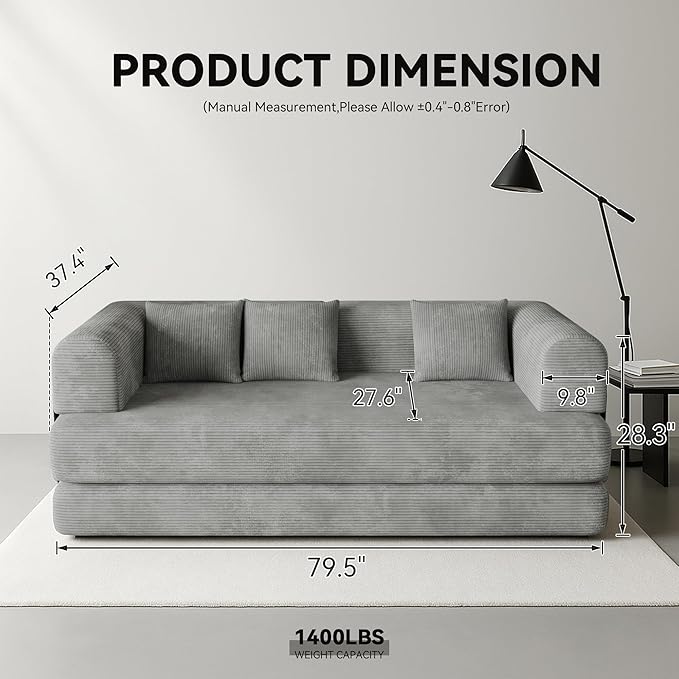 WENTMENT 80‘’Convertible Floor Sofa Bed for Living Room Boneless Couch with Deep Seat Corduroy Pull Out Sofa Bed with 3 Pillows Bedroom Apartment No AssemblyGrey