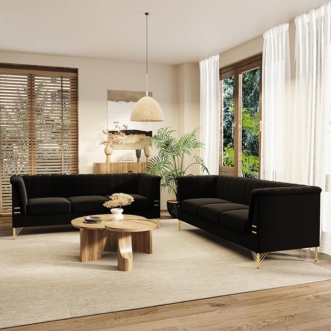 2 Piece 84'' L Modern 3 Seater Black Velvet Sofa Couches with Metal Gold Legs for Living Room Mid Century Classic Tufted Chesterfield Sofa Set for Apartment Office Home