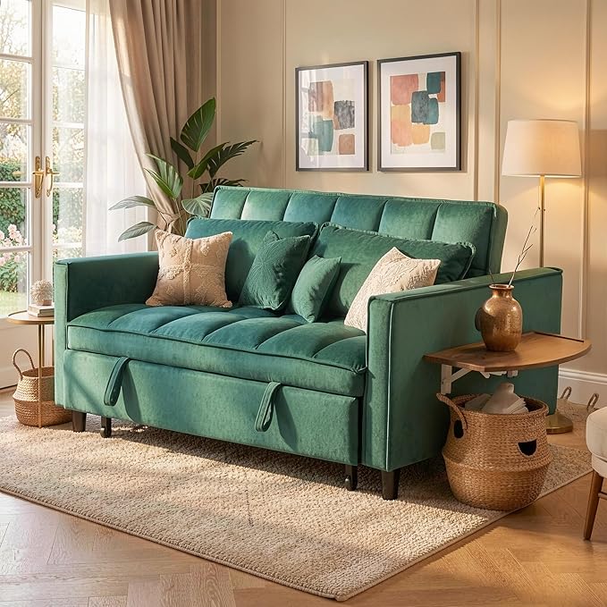 3 in 1 Sofa Bed Pull Out Couch with Side Pockets Loveseat Sleeper Sofa Bed with Side Table Pull Out Couch with USB Ports for Living Room Bedroom Apartment Green