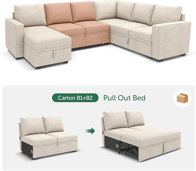HONBAY Pull Out Bed for Modular Sectional Sleeper Sofa Armless Loveseat with Pull Out Bed for Sectional Couch Beige