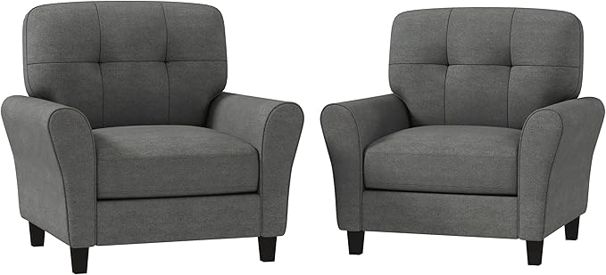 KOMFOTT Upholstered Accent Chairs Set of 2 Mid-Century Modern Living Room Chairs Linen Fabric Armchair with Tufted Back Non-Slip Foot Pads Single Sofa Chairs Reading Chairs for Bedroom Grey