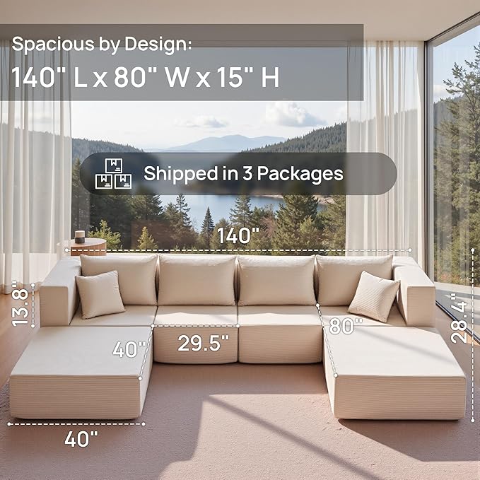 YINIX 140 Modular Sectional Sofa Couches Corduroy Sleeper Deep Seat Sofa Bed Comfy Cloud Couch for Living Room Floor Sofa 6 Piece Free Combination Compression No Assembly Required Beige