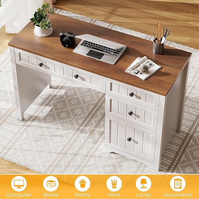 Farmhouse Executive Desk with File Drawer Home Office Desk with 4 Drawers Wood Computer Desk with Storage Rustic Office Desk for Work Study Writing Brown White