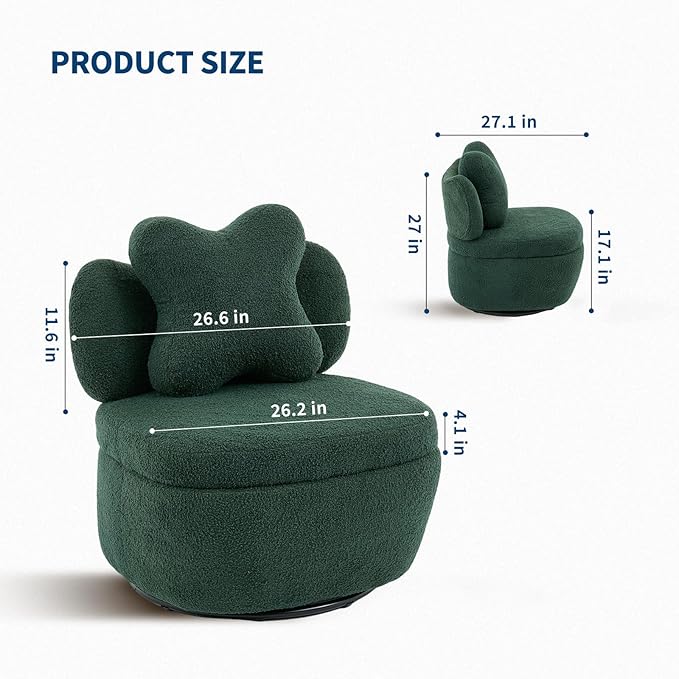 GarveeHome Teddy Velvet Swivel Accent Chair with Storage 360° Rotating Barrel Chair with Star Pillow Upholstered Comfy Single Sofa Chair for Living Room Bedroom Small Spaces Green
