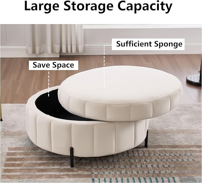 31.5 Round Ottoman with Storage BeigeReversible Lid Upholstered Ottoman Coffee TableModern Pumpkin-Shape Foot Stool for Living Room