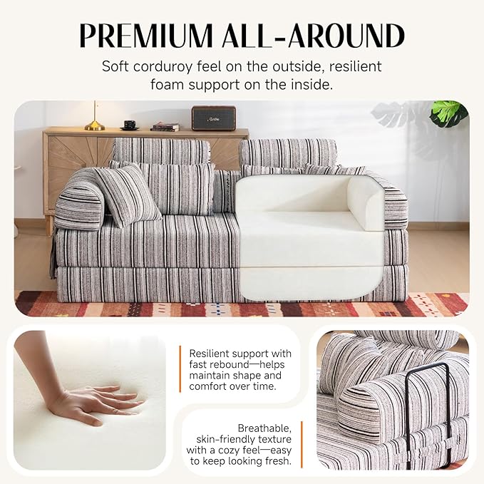 79 Corduroy Sofa Bed Sleeper Couch 6-in-1 Convertible Boneless Floor Futon Loveseat High-Density Foam Couch in a Box with 2 Headrest Pillows No Assembly Black and White