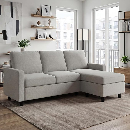 L Shaped CouchReversible Sofa with Linen FabricConvertible Sectional Sofa for Small Space Light Grey