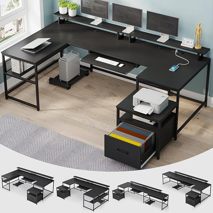 SEDETA U Shaped Desk Reversible L Shaped Home Office Desk with File Drawer &amp Power Outlet 101.5'' Computer Two Person Desk with Monitor Shelf Keyboard Tray Gaming Desk Black