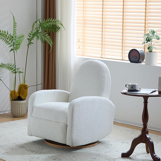 Christopher Knight Home Sidney Boucle Fabric Upholstered 360° Swivel Chair Push-Back Recliner Solid Wood Glider Recliner with Rotation Living Room Lounge Chair Adjustable Backrest Milky White