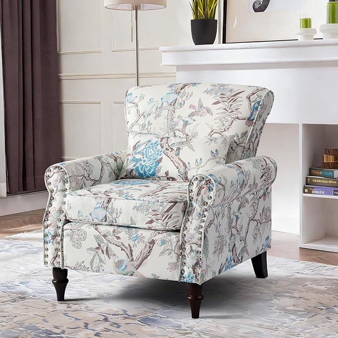 Floral Accent Chair with Lumbar Pillow Retro Wingback Armchair with Nailhead Trim &amp Rolled Arms Modern Linen Fabric Upholstered Recliner for Living Room Bedroom Reading Chair Easy Assembly