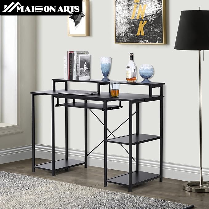 MAISON ARTS Black Computer Desk with Hutch Storage Shelves &amp Keyboard Tray Home Office Writting Large Desk Study Modern PC Table for Bedroom Work Gaming