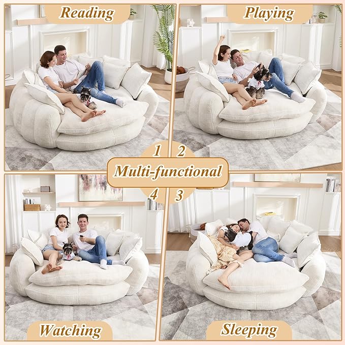 81'' Cloud Couches for Living Room Comfy Circle Round Couch Bed with 14 Pillows Upholstered Boneless Couch Oversized Chaise Lounge Chair Indoor Extra Wide Round Daybed Floor Sofa (White)
