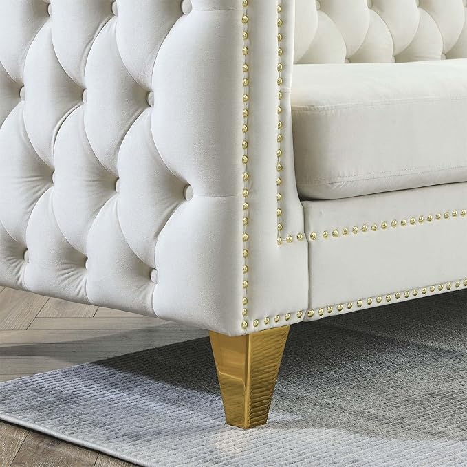Antetek L Shaped Couches for Living Room Modern Button Tufted Velvet Sofa Couch with Square Armrests Inlaid with Gold Nail Heads Upholstered Corner Sofas for Living Room Office Apartment Beige