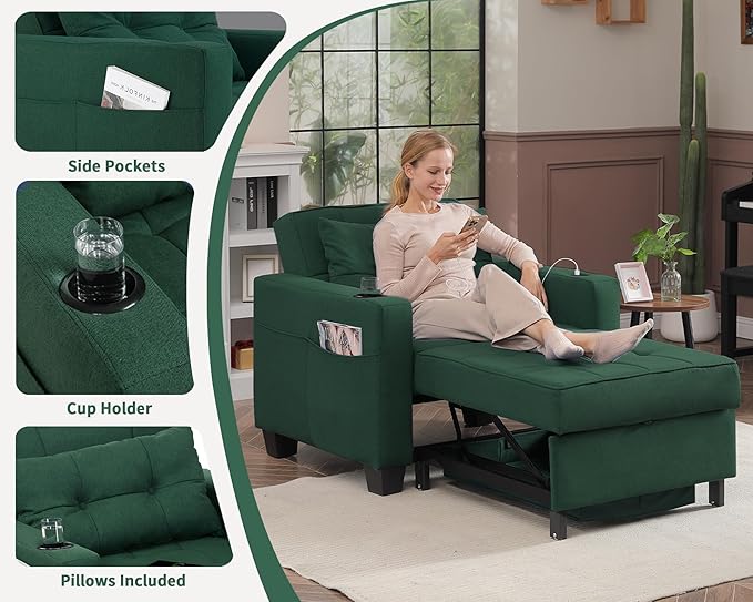 DURASPACE Pull Out Sofa Bed 3-in-1 Convertible Sofa Sleeper Chair Bed with USB Cup Holder Adjustable Armchair Beds for Small Spaces Apartment Living Room Office (Green Linen)