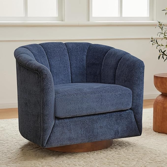 SITJOY Swivel Accent Chair Mid Century Modern Barrel Armchair with Solid Ash Wood Base Upholstered Chair for Living Room Bedroom Fabric in Navy