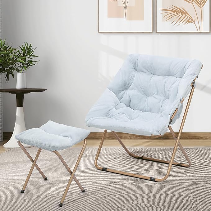 Cozy Saucer Chair Living Room Chair Faux Fur Soft Thick Padded Folding Chair Comfortable Square Moon Chair for Living Room Bedroom Reading Nook Modern Style 2 Pack Light Blue