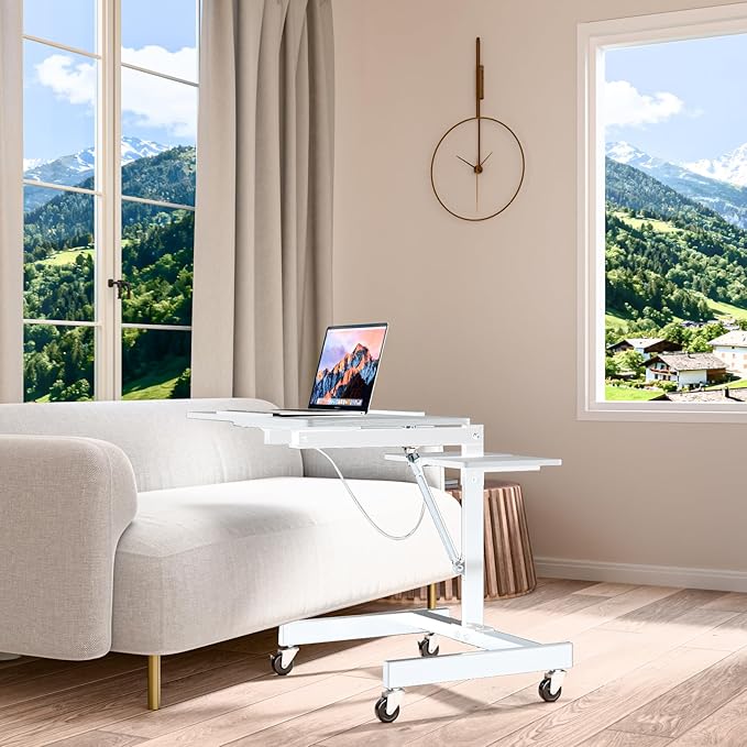 Mobile Standing Desk with Wheels Height Adjustable Laptop Table 27.56 Inch Portable Ergonomic Workstation with Locking Casters &amp Tilting Top White