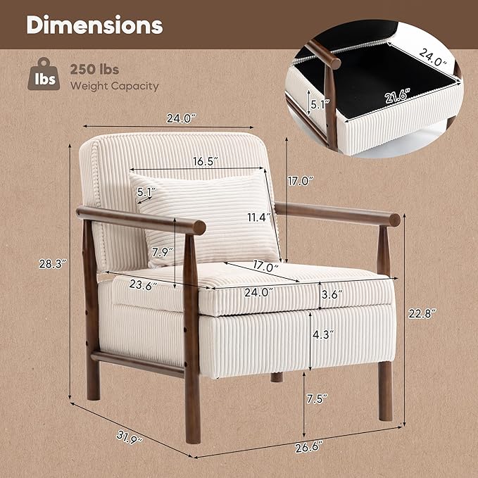Yoglad Accent Chair with Storage Corduroy Fabric Reading Chair with Wood Frame Mid Century Modern Storage Armchair for Living Room Bedroom Apartment(Antique White)