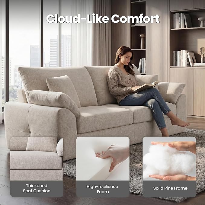 89.8 Modern Loveseat Sofa for Living Room Cloud Boneless Couches with 4 Pillows Mid Century Loveseat couches for Small Place No Assembly Required Camel