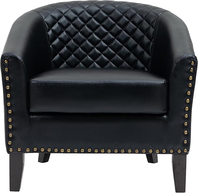 UIXE Faux Leather Barrel Accent Chairs Set of 2 Modern Club Upholstered Arm Chair Comfy Armchair Nailed Trim Living Room Single Sofa Reading Seat Bedroom Side Sitting for Office Black