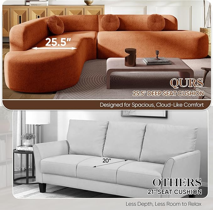 Deep Seat Curved Sectional Sofa - Cloud Round Couch with Elegant Curved Design &amp 3 Round Cushions L-Shaped Comfy 4 Seater Floor Sofa No Assembly Required (Orange)