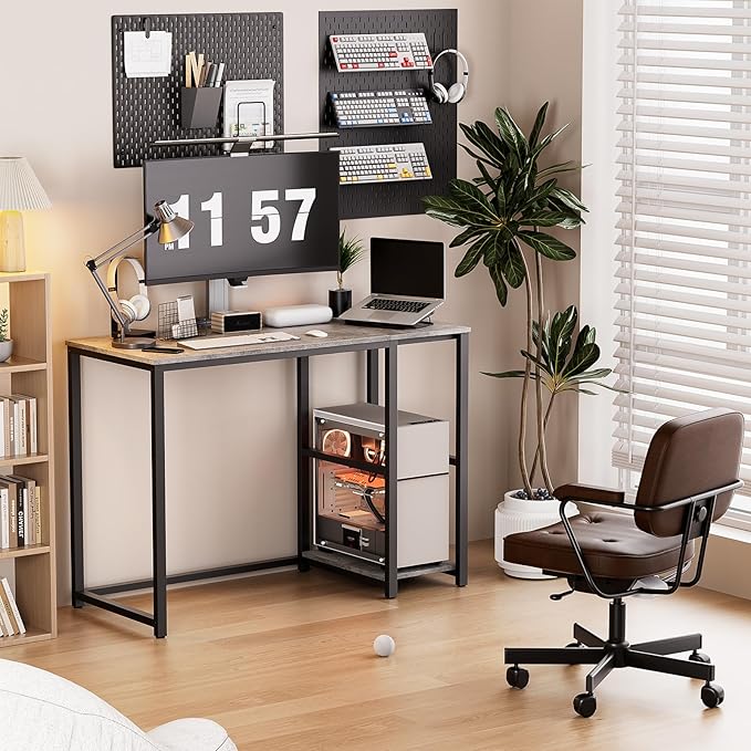 SINPAID Computer Desk 40 inches with 2-Tier Shelves Sturdy Grey Desks with Large Storage Space Modern Gaming Desk Study Writing Laptop Table Gray