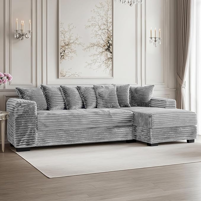 smilesun Luxe Oversized L Shaped Sofa with ChaiseComfy Faux Fur Plush L Shaped Sectional Couches with 8 PillowsSoft Fluffy Upholstered Sofa Bed for Living Room Apartment Bedroom (Grey)