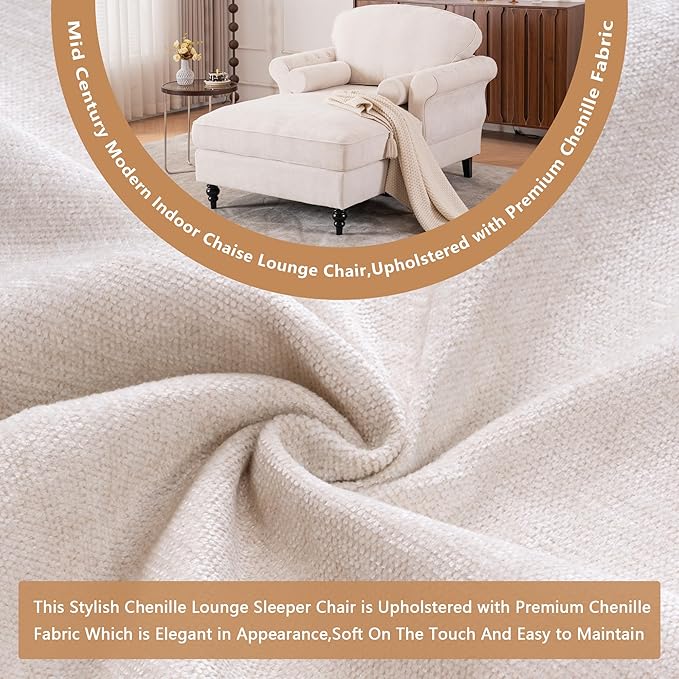 Setawix Chenille Upholstered Chaise Lounger Sleeper Sofa ChairOversized Chaise Lounge Chair Indoor with Rolled ArmsMid Century Modern Lounger Couch for Living Room Bedroom (Beige 43.3 W)
