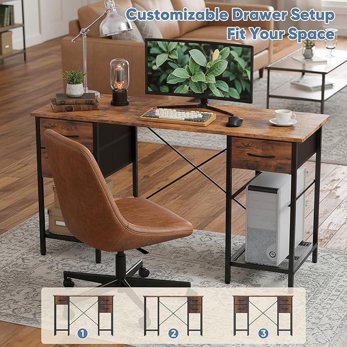 DUMOS Computer Desk 47 Inch with 4 Drawers Home Office Table with Mesh Shelf for Work Study Writing Gaming Storage Furniture for Bedroom Rustic Brown