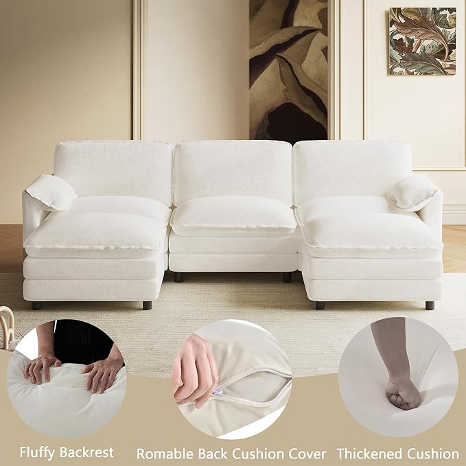 114 U Shaped Cloud Couch Sectionals Comfy Beige White Sectional Couches for Living Room Modern Fluffy Oversized Modular Sofas with Ottoman Chenille Large Big 5 Seat Sofa Set
